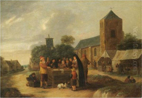 A Village Fair With A Quack Doctor Entertaining A Crowd Oil Painting by Bartholomeus Molenaer