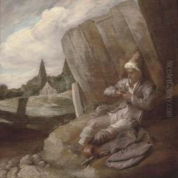 A Peasant Defleeing Himself Oil Painting by Bartholomeus Molenaer