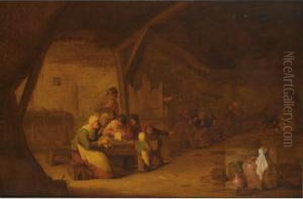 An Interior Of An Inn With 
Peasants Singing At A Table, A Still Life Of Earthenware Jugs, Baskets, A
 Bucket And A Broom To The Right Foreground Oil Painting by Bartholomeus Molenaer