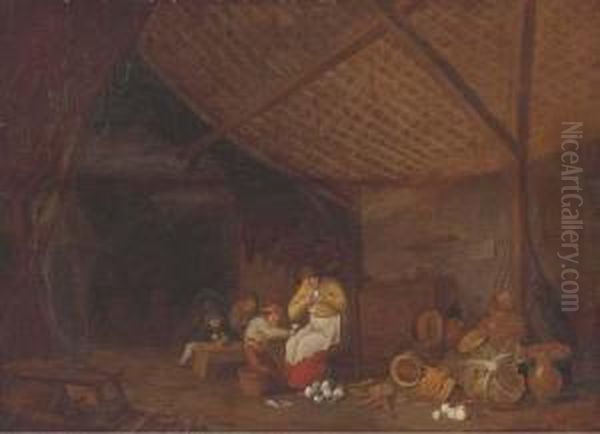 A Barn Interior With A Woman And
 Children Peeling Onions,earthenware Pots, Carrots, Onions And A Cabbage
 Nearby Oil Painting by Bartholomeus Molenaer