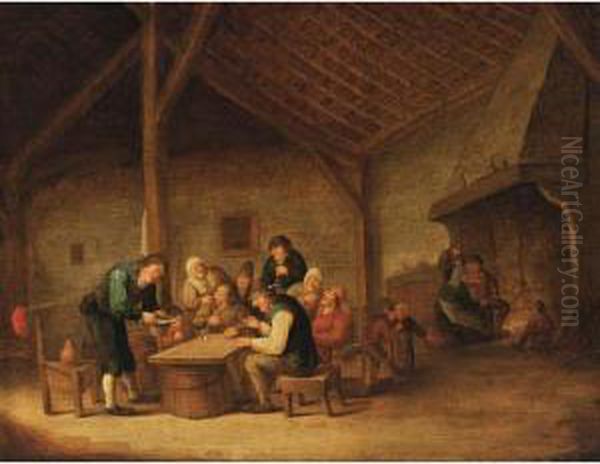 An Interior Of An Inn With 
Peasants Sitting Around A Table Drinking And Playing Dice, And Figures 
Near A Fireplace In The Background Oil Painting by Bartholomeus Molenaer