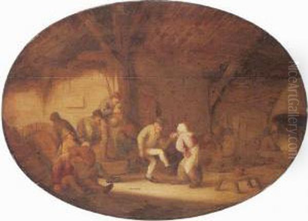 Peasants Dancing In A Barn Interior Oil Painting by Bartholomeus Molenaer