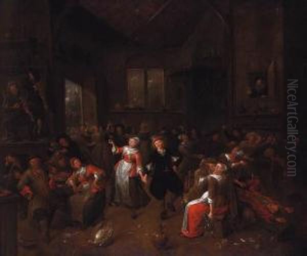 Peasants Merrymaking In A Barn Oil Painting by Bartholomeus Molenaer