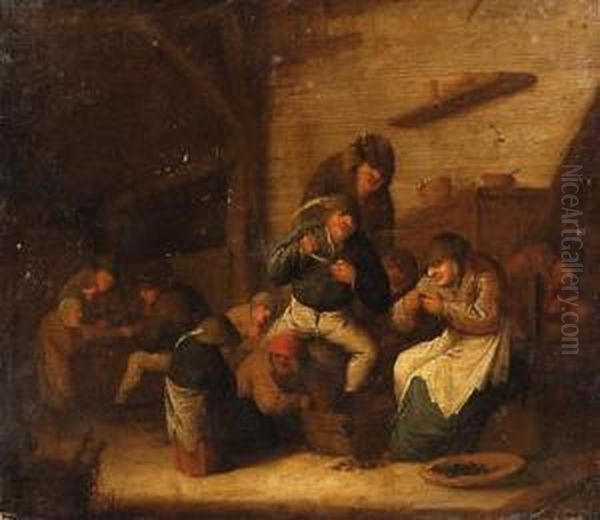 Peasants Gaming And Eating Mussels In An Interior Oil Painting by Bartholomeus Molenaer