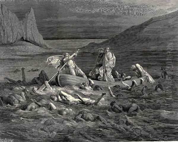 The Inferno, Canto 8, lines 27-29: Soon as both embark'd, Cutting the waves, goes on the ancient prow, More deeply than with others it is wont. Oil Painting by Gustave Dore