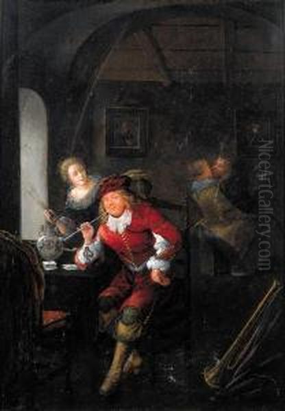 An Officer Smoking A Pipe Seated By A Table In A Brothel Oil Painting by Jan Miense Molenaer