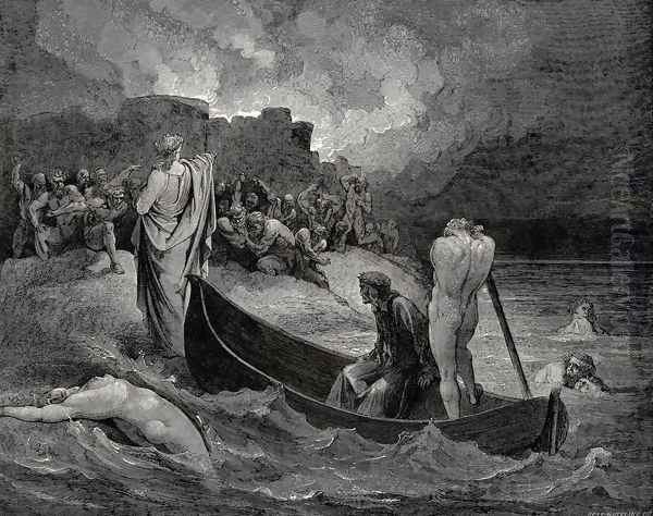 The Inferno, Canto 8, lines 110-111: I could not hear what terms he offer'd them, But they conferr'd not long Oil Painting by Gustave Dore