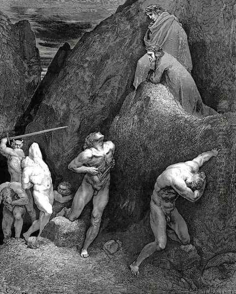 The Inferno, Canto 28, lines 30,31: Now mark how I do rip me: lo! How is Mahomet mangled. Oil Painting by Gustave Dore