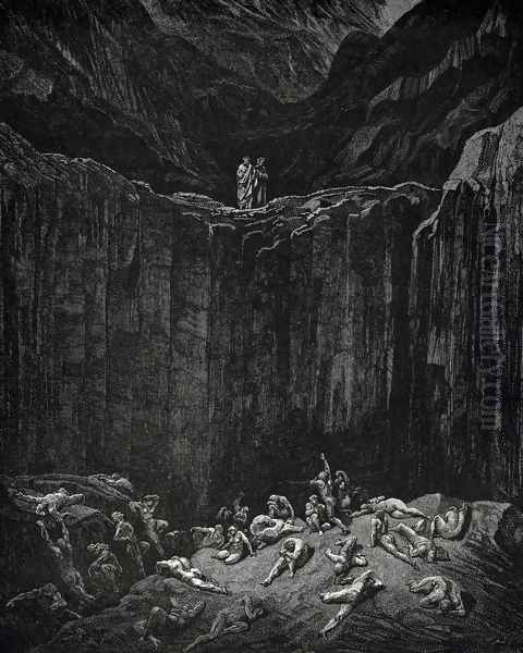 The Inferno, Canto 29, lines 52-56: Then my sight Was livelier to explore the depth, wherein The minister of the most mighty Lord, All-searching Justice, dooms to punishment The forgers noted on her dread record. Oil Painting by Gustave Dore