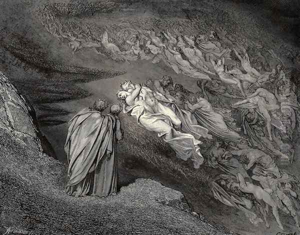 The Inferno, Canto 5, lines 105-106: 'Love brought us to one death: Caina waits The soul, who spilt our life.' Oil Painting by Gustave Dore