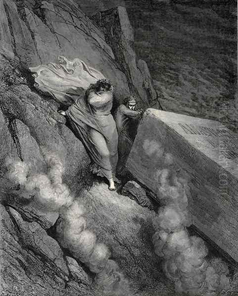 The Inferno, Canto 11, lines 6-7: From the profound abyss, behind the lid Of a great monument we stood retir'd Oil Painting by Gustave Dore