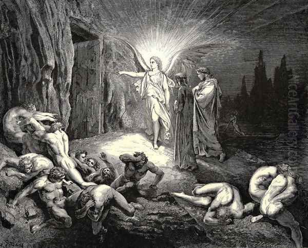 The Inferno, Canto 9, lines 87-89: To the gate He came, and with his wand touch'd it, whereat Open without impediment it flew. Oil Painting by Gustave Dore