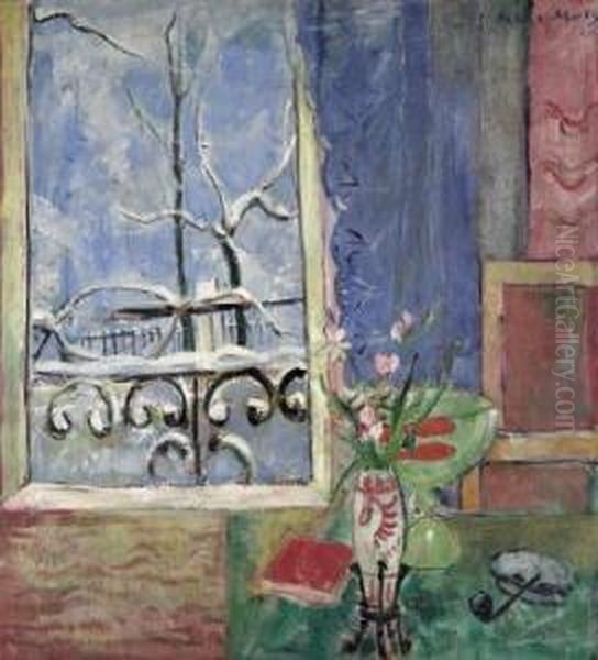 Window With Lattice And Goldfish. 1926 Oil Painting by Oskar Moll