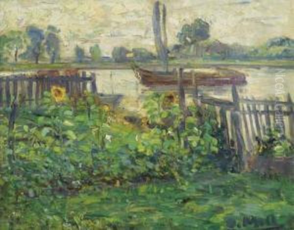 Sonnenblumen-garten Am Fluss. Oil Painting by Oskar Moll