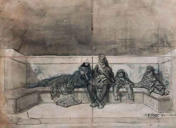 A Couple and two Children sleeping on a London Bridge Oil Painting by Gustave Dore