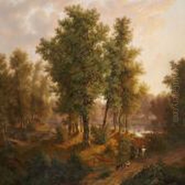 Forest Scene At Bregentved Oil Painting by I. P. Moller