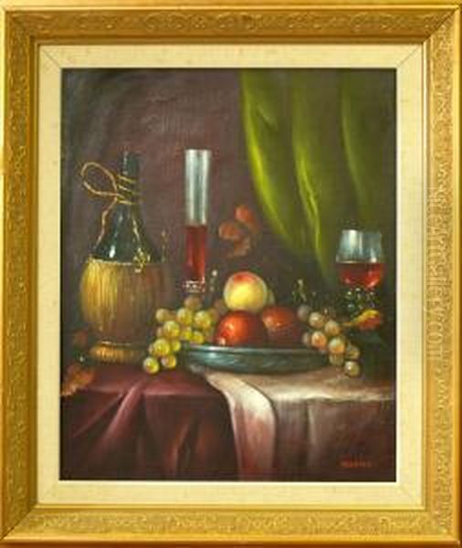 Stilleben Med Vin Och Frukter Oil Painting by Jozsef Molnar