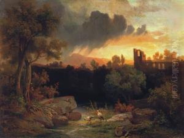 Romantic Landscape With Ruins Oil Painting by Jozsef Molnar