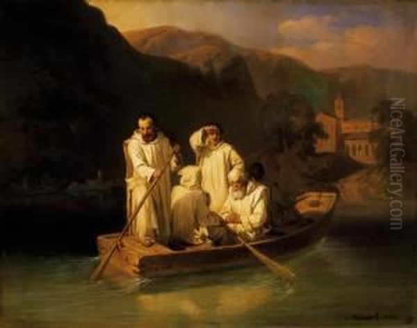 Monks On The Lake Oil Painting by Jozsef Molnar