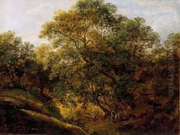 Forest Landscape With Figures Oil Painting by Jozsef Molnar