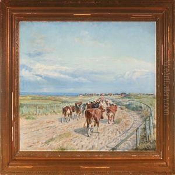 Scenery From Fano Withcows On Their Way To Milking Oil Painting by Niels Pedersen Mols