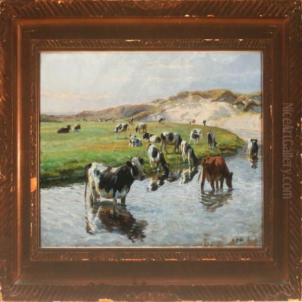 Numerous Cows At Thewatering Spot Oil Painting by Niels Pedersen Mols