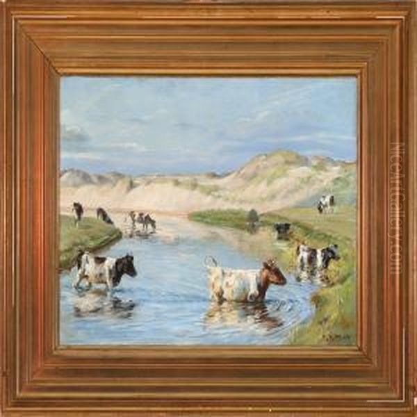 Cows At Liver River Nearhjorring, Denmark Oil Painting by Niels Pedersen Mols