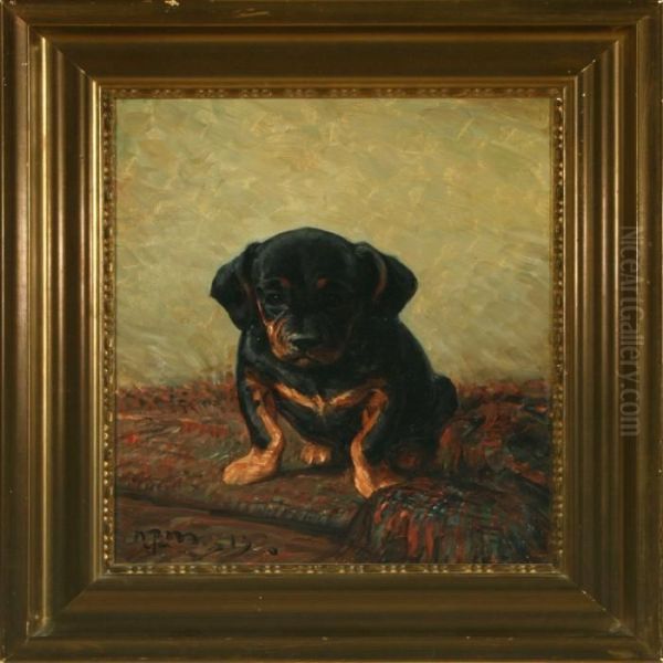 A Puppy Oil Painting by Niels Pedersen Mols