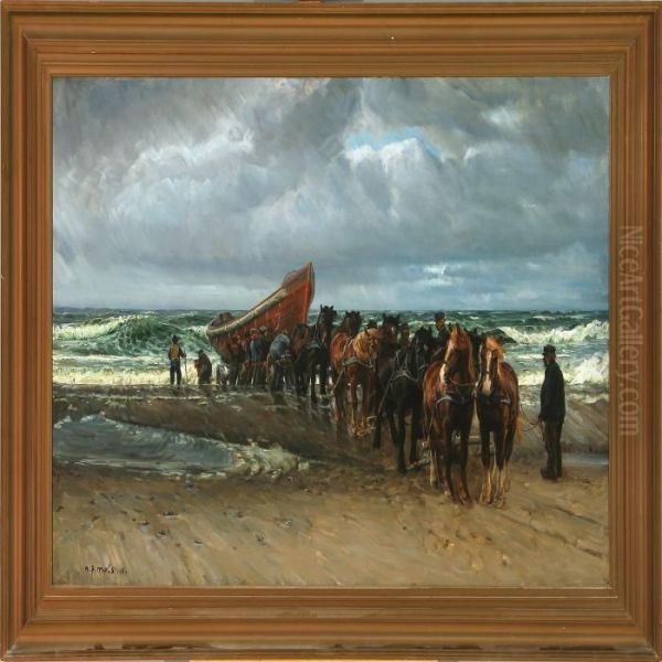 Rescue Lifeboat At The North Sea Coast Oil Painting by Niels Pedersen Mols