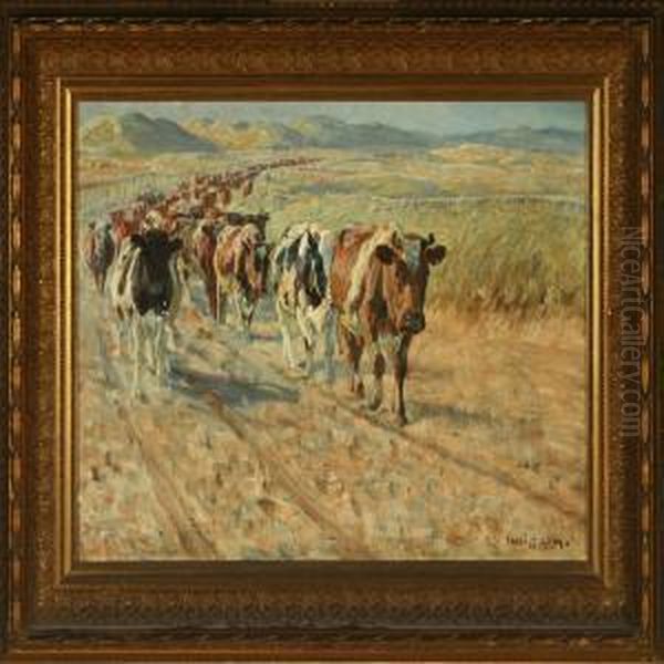 The Cattle Is Driven Home Oil Painting by Niels Pedersen Mols