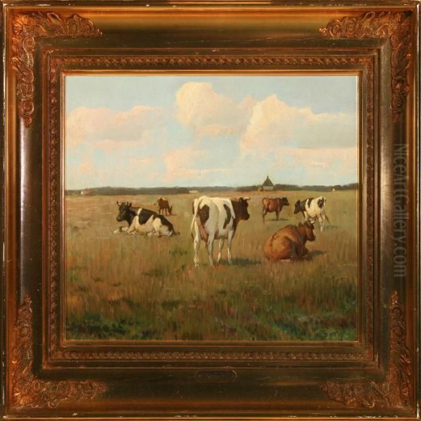 Cows In The Field Oil Painting by Niels Pedersen Mols