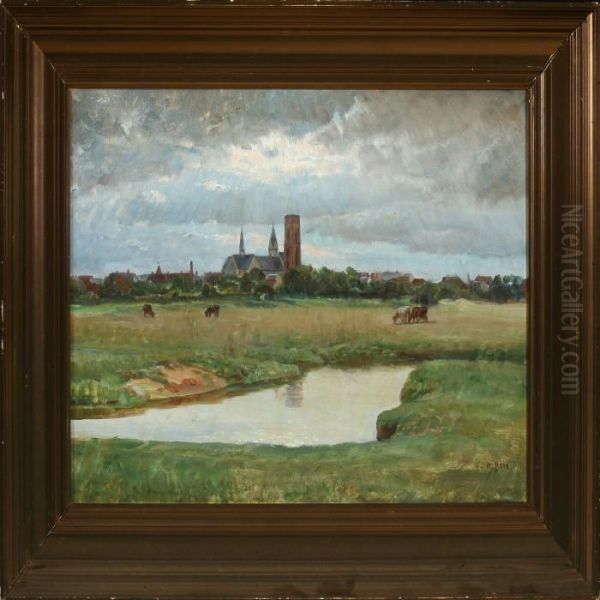 Meadow Landscape With Grazing Cows By Ribe Dommirke Oil Painting by Niels Pedersen Mols