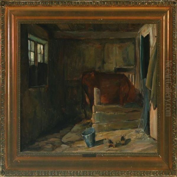 Stable Interior With A Cow And A Milk Bucket Oil Painting by Niels Pedersen Mols