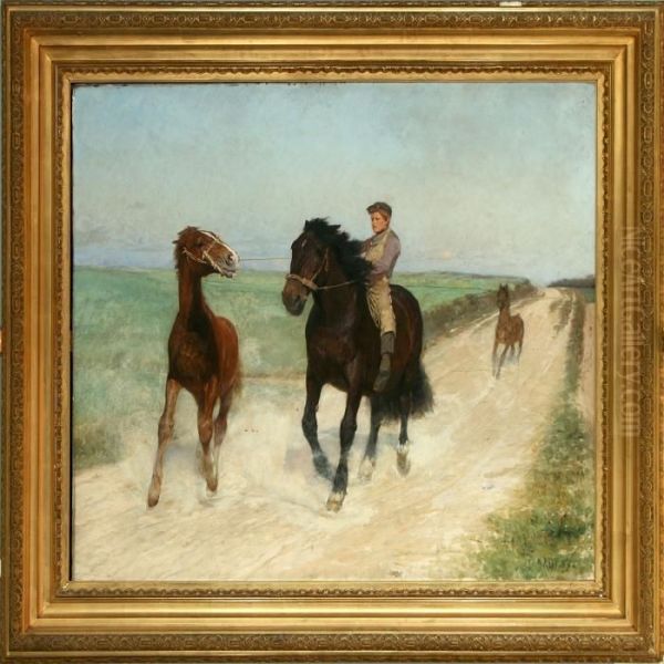 A Young Lad Catches The Wild Horse Oil Painting by Niels Pedersen Mols