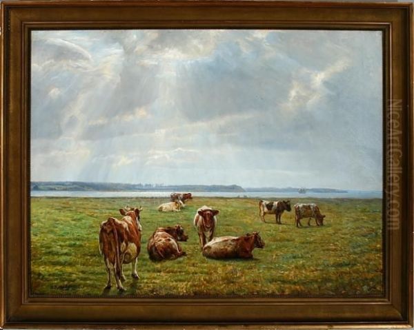 Cows On A Field In The Sunlight Oil Painting by Niels Pedersen Mols