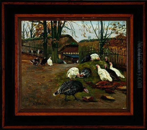 Turkeys On A Dunghill Oil Painting by Niels Pedersen Mols