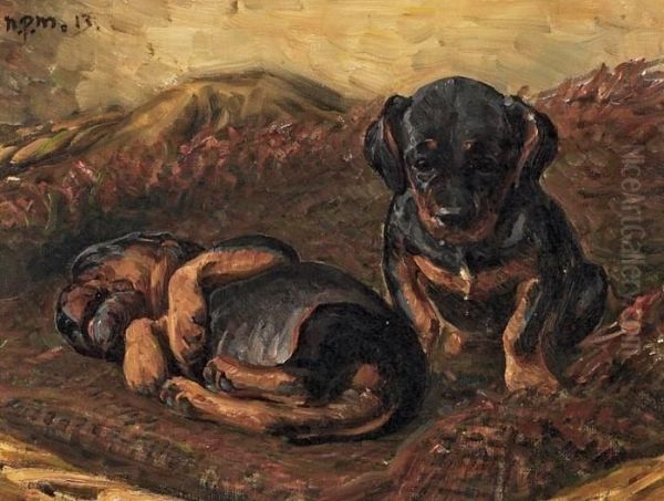 Puppy Dachshunds On Carpet Oil Painting by Niels Pedersen Mols