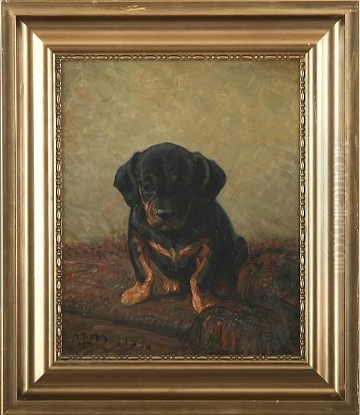 A Puppy Oil Painting by Niels Pedersen Mols