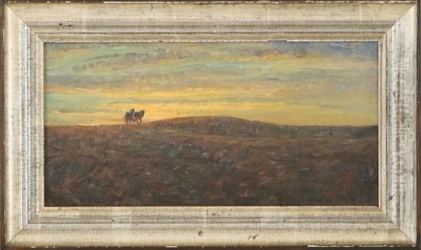 Sunset Over A Moor Landscape With Horses Oil Painting by Niels Pedersen Mols