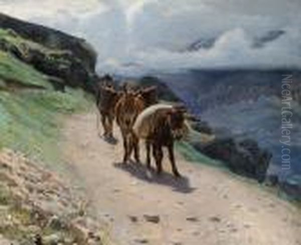 A Farmer Driving His Donkeys Along A Mountain Road Oil Painting by Robert Mols