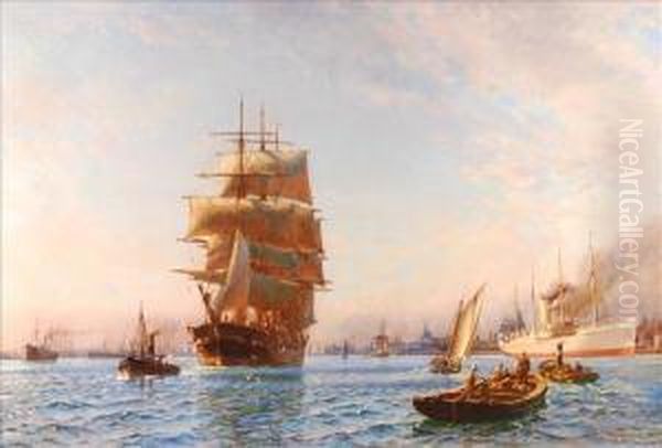 A Busy Harbourscene With Clipper And Other Vessels Oil Painting by Christian Molsted