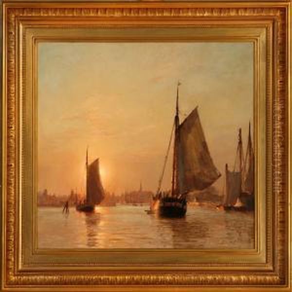 Dragor Harbour At Sunset Oil Painting by Christian Molsted