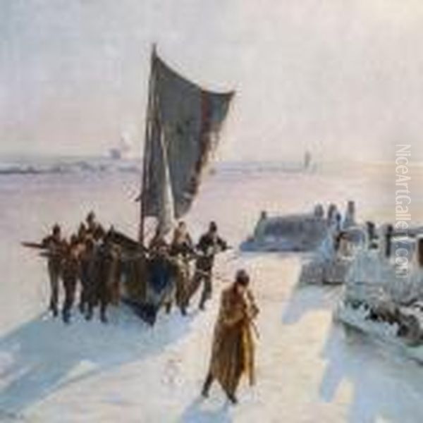 Pilots On The Ice At Dragor Oil Painting by Christian Molsted