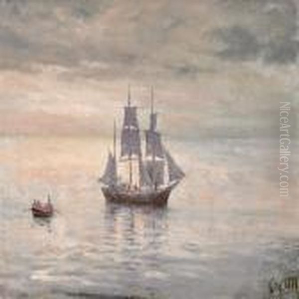 A Sailing Boat And Apram I Quiet Water Oil Painting by Christian Molsted