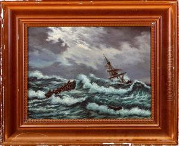 A Sailing Ship And Rowing Boat Near The Coast Oil Painting by Christian Molsted