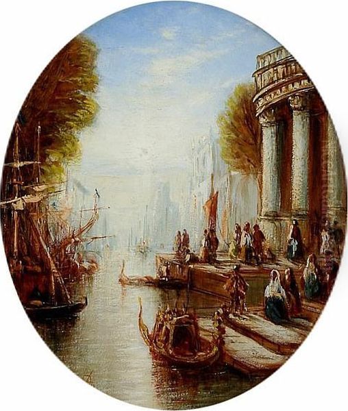 A Venetian Canal Scene With Figures Oil Painting by Francis Maltino