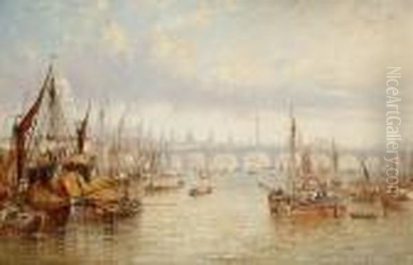 Barges On The Thames, With A View To St Paul's And The City Oil Painting by Francis Maltino