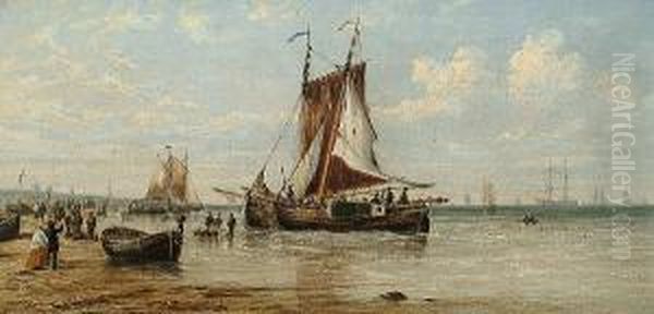 Fishing Boats At Lowtide, With Figures On The Beach Oil Painting by Francis Maltino