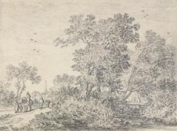 Trees On A Rise With Travelers On A Road Oil Painting by Pieter De Molijn