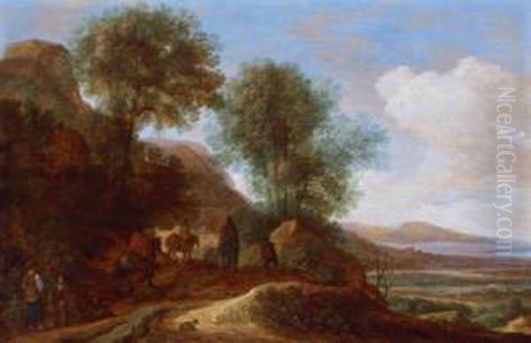 Paesaggio Fluviale Montuoso Con Viaggiatori Oil Painting by Pieter De Molijn